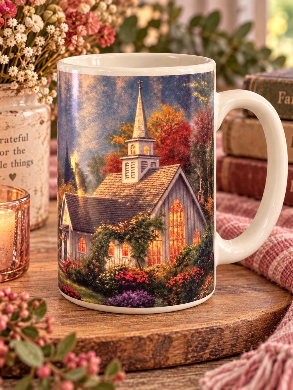 Thomas Kinkade Cream Mug with Autumn Church Scene